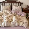 Juego de ropa de cama de doble capa de gasa con encaje francés, mezcla de lino y algodón engrosado para otoño e invierno, con funda nórdica de estilo retro adecuada para todas las estaciones.