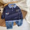 Conjunto de Roupa de Outono para Meninos 2025 Novo Estilo Coreano Roupa da Primavera e Outono Infantil Manga Longa Gola Lapela Duas Peças Moda Tendência