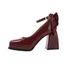 Sapatos de Plataforma de Salto Alto com Bico Quadrado e Tira no Tornozelo com Laço Estilo Francês para Mulheres, Tamanho Pequeno, Sapatos de Salto Bloco, Sapatos Mary Jane