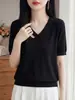 Top de Manga Corta para Mujer de Lyocell Tencel, Suave y Fluido, con Transpirabilidad Similar al Hielo, Corte Holgado, Cuello Redondo Favorecedor, Adecuado para el Trabajo, Efecto Adelgazante, Capa Base de Punto para Verano