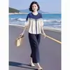 Atuendo de Verano para Mamá: Camisa Suelta Patchwork Chic Vintage de Manga Corta para Mujeres Tallas Grandes con Cintura Elástica y Pantalones de Pierna Ancha Trendy de Nueve Pulgadas