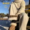 Pantalones Casuales de Patchwork a Cuadros Estilo Americano para Hombre, Pantalones de Pierna Ancha Engrosados de Lana de Cordero para Invierno, Pantalones Rectos Resistentes al Frío y Cálidos