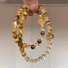 "Riqueza Diária" Pulseira de Pedras Naturais Olho de Tigre Cristal de Gelo Quartzo Amarelo com Contas Duplo Círculo Estilo Chinês Pulseira de Alto Padrão para Mulheres