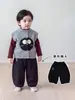 Chaleco de punto para niños, conjunto de invierno para bebés niños, chaleco con estampado de pájaros, suéter, camiseta básica, pantalones de algodón forrados de polar, ropa para niños