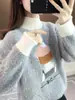Novo suéter curto de veludo cotelê feminino para outono e inverno, peça externa de caimento solto, estilo casual, gola semi-alta, espesso e moderno