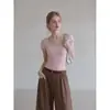 Camiseta feminina de manga curta com decote V e design de retalhos rosa ummoimoi, verão, nova cor, acinturada, top curto justo