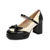 Elegantes Zapatos Mary Jane con Ribete de Encaje y Moño Bloqueado por Color, Boca Baja, Tacones Gruesos Altos, Tallas 32-48, Zapatos de Exportación