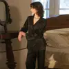 Conjunto de Pijama Elegante Retro Espinha de Peixe Gola Camisa Manga Longa Calça de Pernas Largas Roupa de Casa Feminina 1111