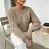 Suéter para Mujer 2025 para Otoño e Invierno, Tacto de Alta Gama, Cuello Redondo, Tejido de Trenza, Mangas de Linterna Sueltas, Top Estilo Vintage Perezoso