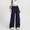 Pantalones Anchos Asimétricos Rasgados Dopamine para Mujer, Delgados de Primavera de Cintura Alta Sueltos Negros con Cordones Rectos tipo Cargo para Mujer