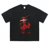 Camiseta de manga corta lavada y desgastada, inspirada en el anime, estilo retro americano, negra, corte holgado, top casual oversize