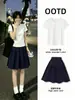 Conjunto Estilo Japonés Falda Azul Marino Mujer Verano Revista Japonesa Antigua Falda Corta Línea A para Bajitas