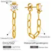 Brincos de Aço Inoxidável Cruzados Corrente Moderna Personalizada Quadrado Geométrico Incrustado Zircônia Banhado a Ouro 18K À Prova d'Água Cor Duradoura Brinco