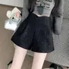 Shorts de Lã Mesclada Cinza Cintura Alta Brilhante com Letras Perna Larga Feminino Inverno Novo Estilo Calças Bootcut Slimming Femininas com Duas Pregas
