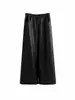 Calça de Couro com Renda 2026 Outono Design de Nicho Solta Casual Patchwork Cordão Calça de Perna Reta Feminina