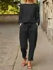 Traje de Lino Moda Femenina Color Sólido Salida Casual Conjunto de Dos Piezas Comercio Exterior Primavera y Verano Simple Retro Cintura Elástica con Cordón