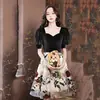 Vestido de Noche Negro Nuevo Vestido Casual Estampado Retro para Mujer Vestido Elegante para Banquetes Estilo Largo