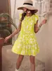 2026 Moda Feminina Transfronteiriça Europeia e Americana Verão Novo Vestido com Gola Redonda, Manga Flare, Estampado e Babados para Mulheres