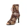 Zapatos de Jazz de Tacón Alto Sexy Estampado de Leopardo Malla Boca de Pez Sandalias Tacón de Aguja Zapatos de Baile Talla Grande Tacones Procesamiento de Exportación