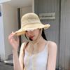Sombrero de Verano para Mujer con Protección Solar, Calado, Transpirable, de Paja, Estilo Coreano, Estilo Fresco, Playa, Encaje, Cordones, Sombrero para el Sol