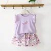 Conjunto de Verano para Niñas 2026 Nuevo Estilo Camiseta de Manga Acampanada para Niños Conjunto de Dos Piezas con Falda-Pantalón Estampado Floral
