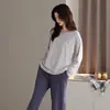 Pijama para Mulheres Primavera e Outono Algodão Puro Calça de Manga Longa Outono Estilo Simples Solto Conjunto de Roupa para Casa Feminino