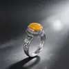 Brincos de Arte Prata Estilo Chinês Retrô Anel de Âmbar Prata Esterlina S925 Padrão de Nuvens Auspiciosas Anel para Dedo Indicador Envelhecido Charme Antigo