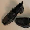 Versión de Cuero Suave~Zapatos de Mujer Estilo Retro Coreano Francés con Tacón Grueso Cómodos, Zapatos Mary Jane Negros de Punta Cuadrada