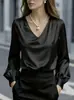 Blusa de Tecido com Caimento de Gola V de Novo Estilo Europeu e Americano, de Alta Qualidade, com Temperamento Intelectual, Luxo Leve, para Trabalho e Dia a Dia