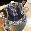 2026 Novo Conjunto de Duas Peças com Colete Tricotado de Xadrez de Botão Único Camisa de Manga Longa Casual Versátil para Mulheres A13885