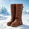 Botas de Montaria Femininas até o Joelho, Exquisitez da Nova Moda Outono e Inverno, Estilosas com Fivela, Cano Pregueado Vintage, Botas Longas de Salto Alto