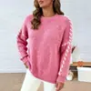 Suéter Tricô Pulôver Cor Sólida Gola Redonda Europeu e Americano Transfronteiriço Bloco de Cores Design com Cordão Amazon Caimento Solto Casual Feminino