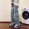 Jeans de trabalho vintage estilo americano com lavagem desgastada, múltiplos bolsos, zíper, costura, corte solto, reto, perna larga, moda masculina
