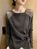 Camiseta gris de manga larga estilo coreano para mujer, nuevo modelo de otoño con decoración de botones, empalme de malla, cuello redondo y diseño juvenil