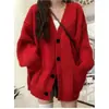 Casaco Cardigan de Tricô Solto com Decote V Feminino Primavera Outono Novo Estilo Preguiçoso Cor Sólida Comprimento Médio Transfronteiriço Roupa Feminina