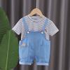 Nuevo conjunto de verano para niños y niñas, cuello redondo, rayas, manga corta, pantalones con tirantes de arcoíris, para bebé, para exteriores, ocio, conjunto de dos piezas