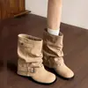 Botas vaqueras occidentales para mujer 2026 Otoño Nuevas Botas de tacón de bloque plisadas Negras Vintage Tacón grueso Botas de jinete Botas Martin Botines