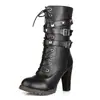 2026 Nuevo Modelo Cremallera Lateral Remache Tacón Grueso Botas de Media Pantorrilla Tacón Alto Con Cordones Botas Martin Talla Grande Comercio Exterior Zapatos de Mujer AliExpress