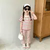 Conjunto de Dos Piezas de Verano para Niñas Rayado: Top Dulce de Encaje de Manga Corta y Pantalones Acampanados, Dos Piezas para Salidas de Bebé, 2026