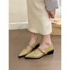 Melodia Verde Névoa! Sapatos Mary Jane de Bico Fino da Moda com Botão Dourado Sapatos de Salto Grosso Femininos Primavera 2025 para o Dia a Dia Francês