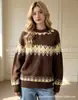 Suéter de punto jacquard con patrón de rombos para otoño e invierno para mujer, jersey, estilo casual europeo y americano, cuello redondo, corte holgado, piel sintética de ciervo, top de bloques de color
