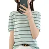 Ropa Nueva de Verano para Mujer de Hielo de Lino de Seda con Perlas Manga Corta Suéter de Punto para Mujer Camiseta para Mujer Cuello Redondo Rayas Finas Bloque de Color