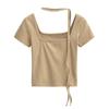 Playera de cuello cuadrado escotada estilo Spice Girl europeo y americano para mujer, verano 2024, sentido del diseño, cuello halter con cinta, corte ajustado, top sexy