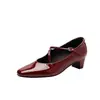 Versão em Couro~Novo Estilo Primavera 2026 Sapatos de Salto Bloco Quadrados Franceses para Mulheres, Elegantes Sapatos Mary Jane Retro de Salto Médio para Mulheres