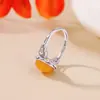 Anel de Dedo Yuebao Jewelry Prata Esterlina S925 Padrão Lótus Cabaça Âmbar Formato de Ovo Vintage Artístico Design de Nicho