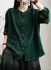 Nova Blusa de Algodão Macio Cor Sólida Gola Redonda Versátil Outono Ajuste Solto Botões Ocultos Venda por Atacado