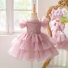 Vestido de niña, vestido de princesa, elegante vestido de tarta entallado a la cintura, vestido de florista de malla esponjosa, vestido corto de cumpleaños sin mangas con lentejuelas