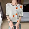 Suéter Feminino de Malha Fina com Manga Curta, Gola Redonda, Estampa Estilo Verão 2026, Redutor de Idade, T-shirt de Lyocell com Manga Três Quartos
