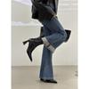 Botas Chelsea Curtas Finas com Salto Alto Grosso e Bico Apontado Francesas para Mulheres Outono e Inverno Nova Roupa Externa Zíper nas Costas Botas Curtas Clássicas da Moda