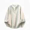 Suéter Tricô Masculino Falso Duas Peças Gola Henley Color Block Solto Ombro Caído Manga Longa Pulôver